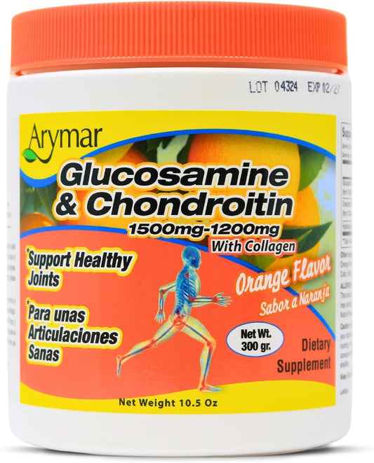 High Potency Arymar Glucosamine & Chondroitin with Collagen for Joint Health - Orange Flavor, 1500mg-1200mg