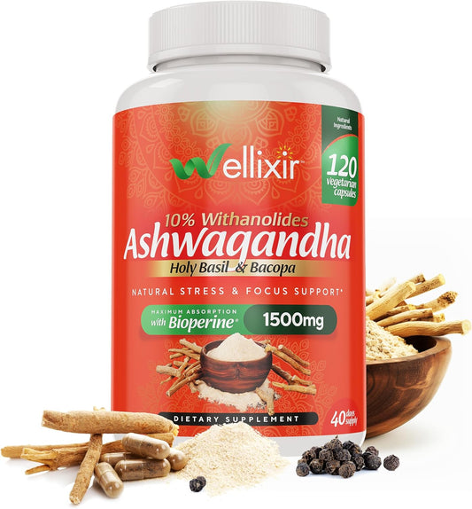 High-Potency Ashwagandha Capsules with 10% Withanolides - Natural Stress Relief, Sleep Aid, and Focus Support Supplement for Men and Women - 1500mg, 120 Count