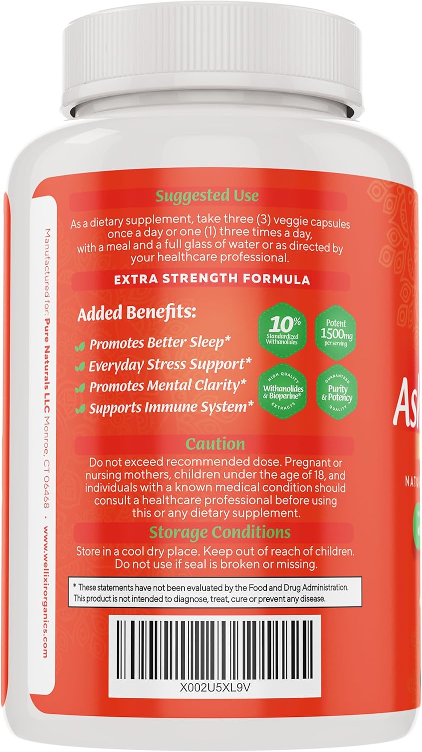 High-Potency Ashwagandha Capsules with 10% Withanolides - Natural Stress Relief, Sleep Aid, and Focus Support Supplement for Men and Women - 1500mg, 120 Count