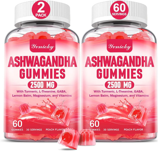 High-Potency Ashwagandha & Turmeric Gummies for Women & Men - Vegan Strawberry Supplement with Vitamin D3, L-Theanine, Magnesium - 2500mg Strength