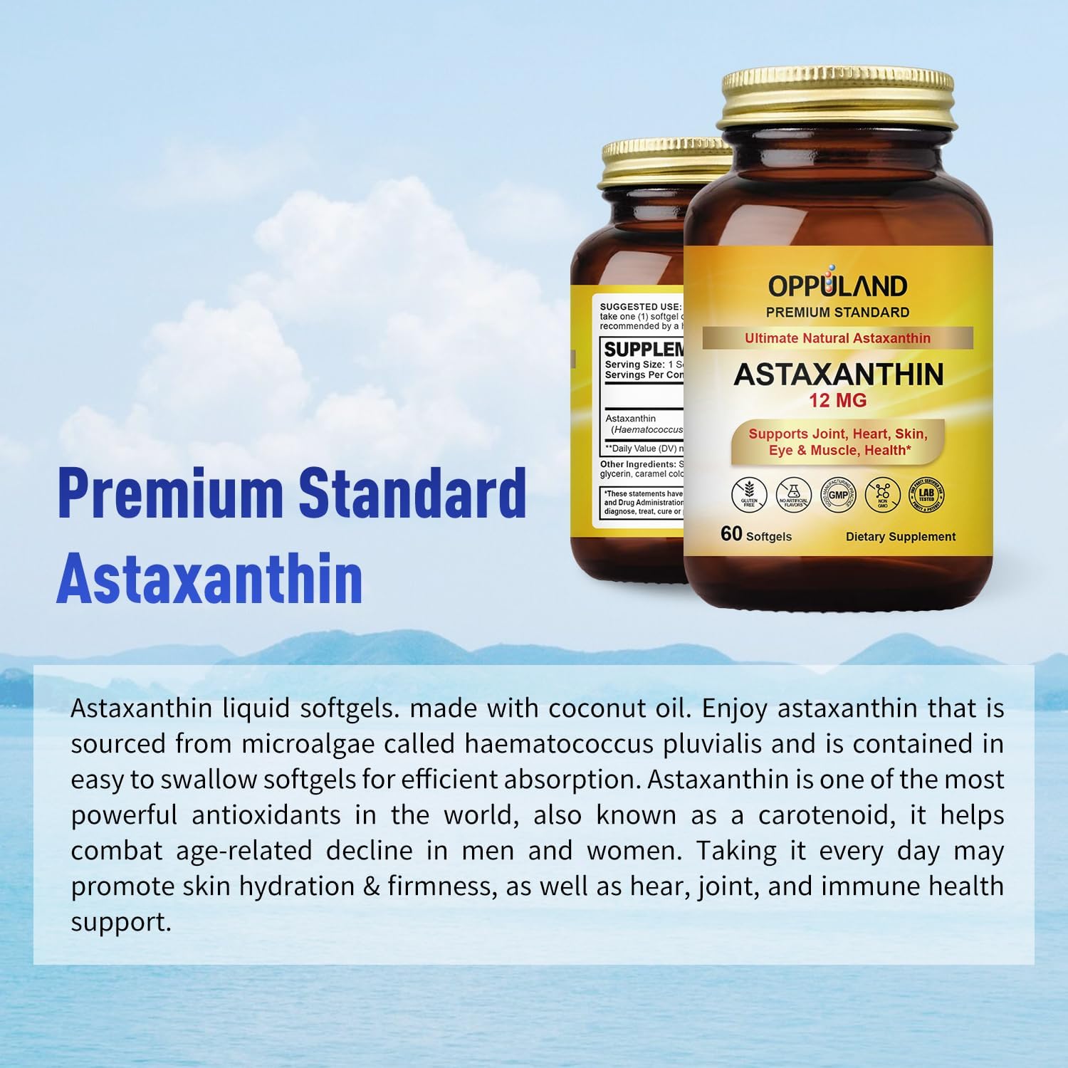 High Potency Astaxanthin 12mg Softgels - 60 Count - Promotes Joint, Heart, Skin, Eye, & Muscle Health