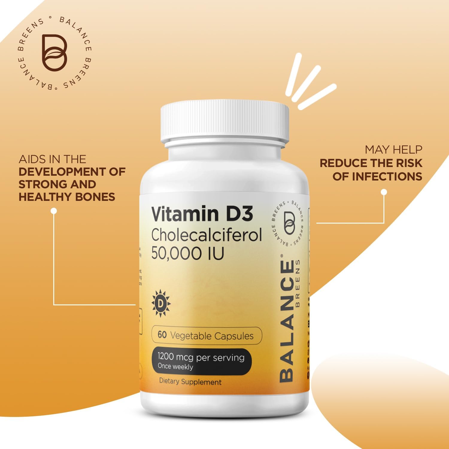High Potency Balancebreens Vitamin D3 Supplement for Immune & Bone Health - 60 Veggie Capsules, 50,000 IU - Weekly Dose