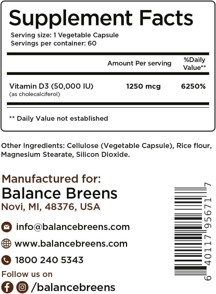 High Potency Balancebreens Vitamin D3 Supplement for Immune & Bone Health - 60 Veggie Capsules, 50,000 IU - Weekly Dose