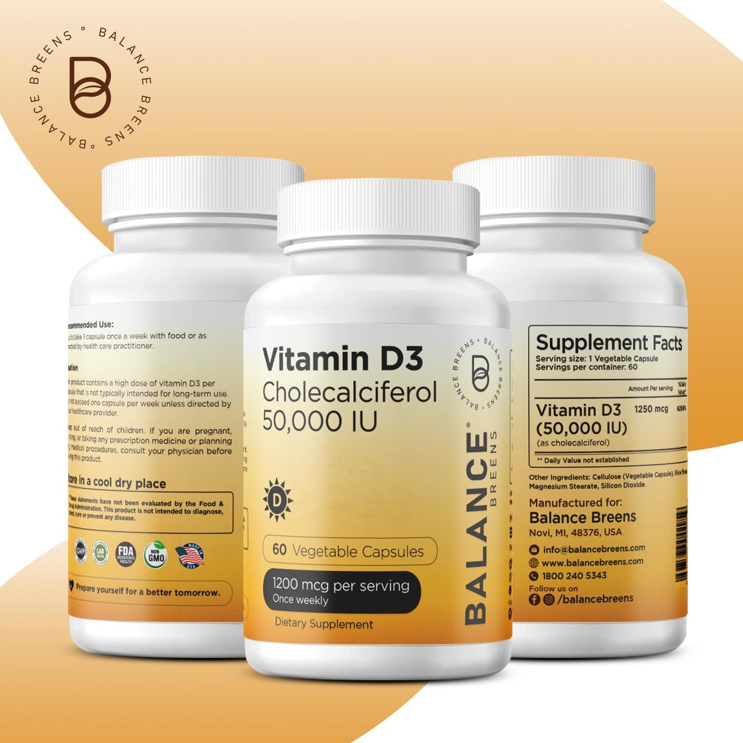 High Potency Balancebreens Vitamin D3 Supplement for Immune & Bone Health - 60 Veggie Capsules, 50,000 IU - Weekly Dose