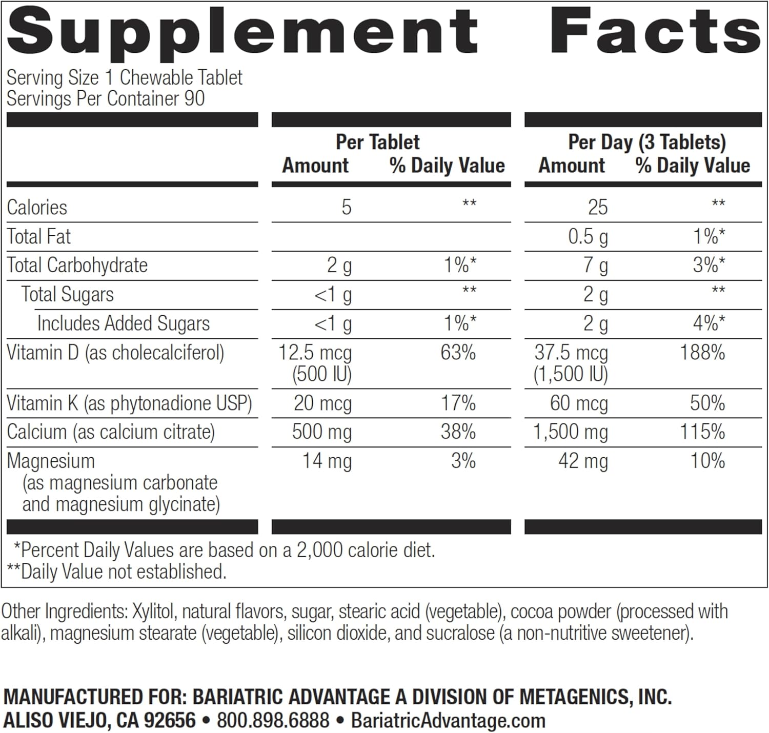 High-Potency Bariatric Advantage Calcium Citrate Chewables - 500 mg Tablets for Bone Health - 90 Count - Chocolate Flavor