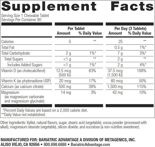 High-Potency Bariatric Advantage Calcium Citrate Chewables - 500 mg Tablets for Bone Health - 90 Count - Chocolate Flavor