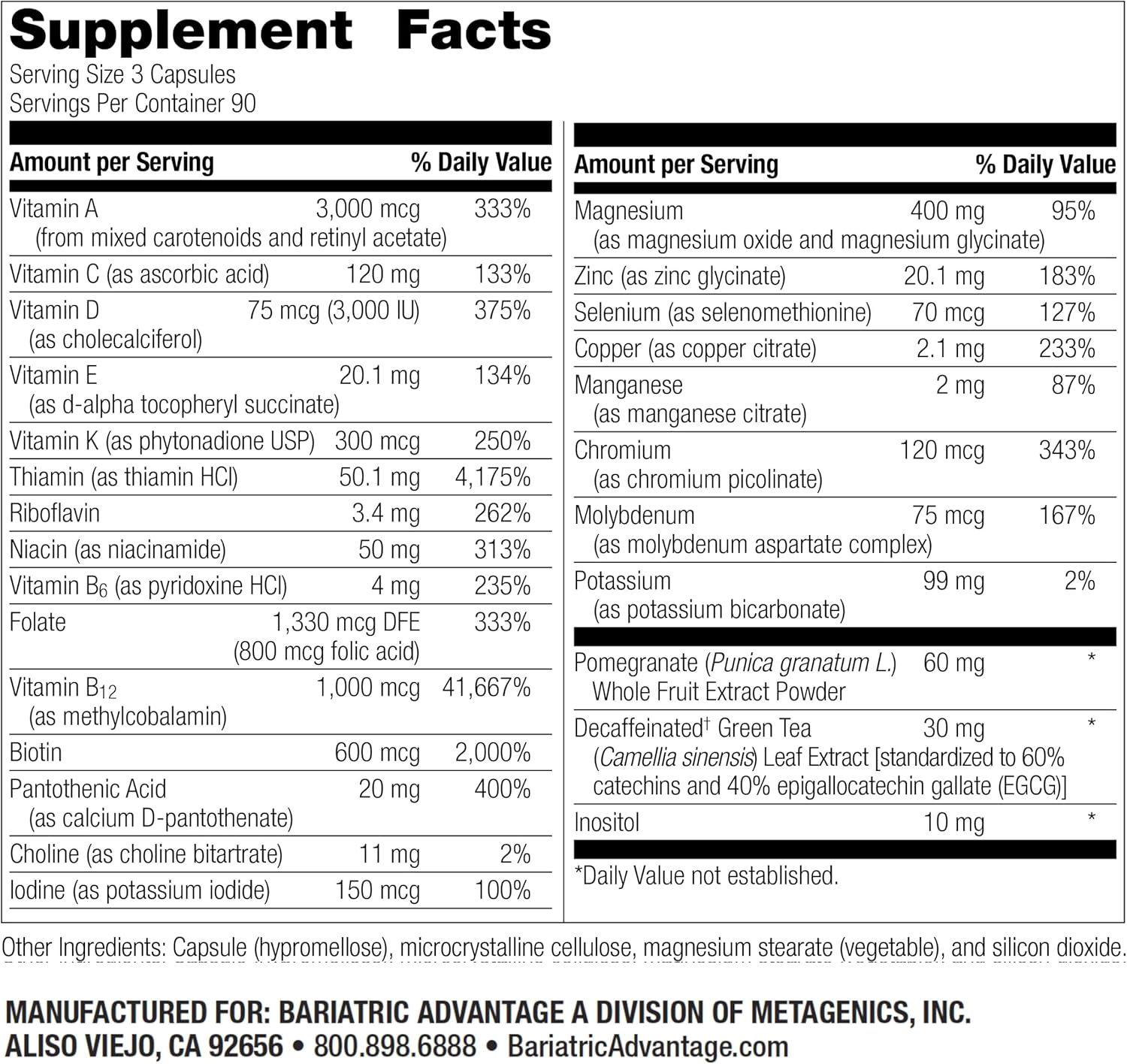 High Potency Bariatric Advantage Ultra Multi Multivitamin Capsules Without Iron - Specifically Designed for Bariatric Surgery Patients - Includes Calcium, Vitamin C, and More - 270 Capsules