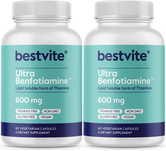 High Potency Benfotiamine 600mg - 120 Vegetarian Capsules (60x2) - No Stearates, Silicon Dioxide - Vegan, Non GMO, Gluten Free