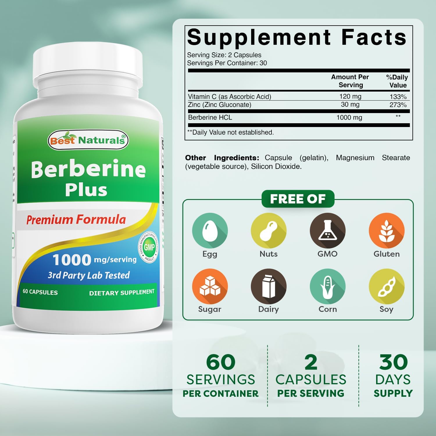 High Potency Berberine Plus with Vitamin C and Zinc - 1000mg per Serving, Non-GMO, 60 Capsules