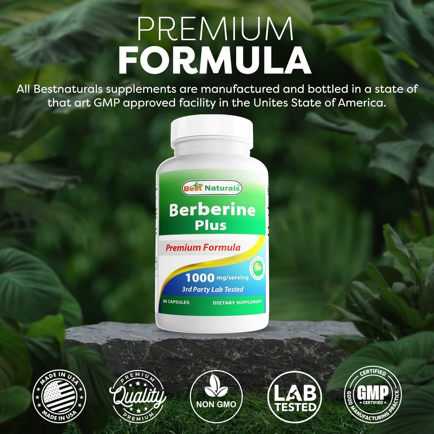 High Potency Berberine Plus with Vitamin C and Zinc - 1000mg per Serving, Non-GMO, 60 Capsules