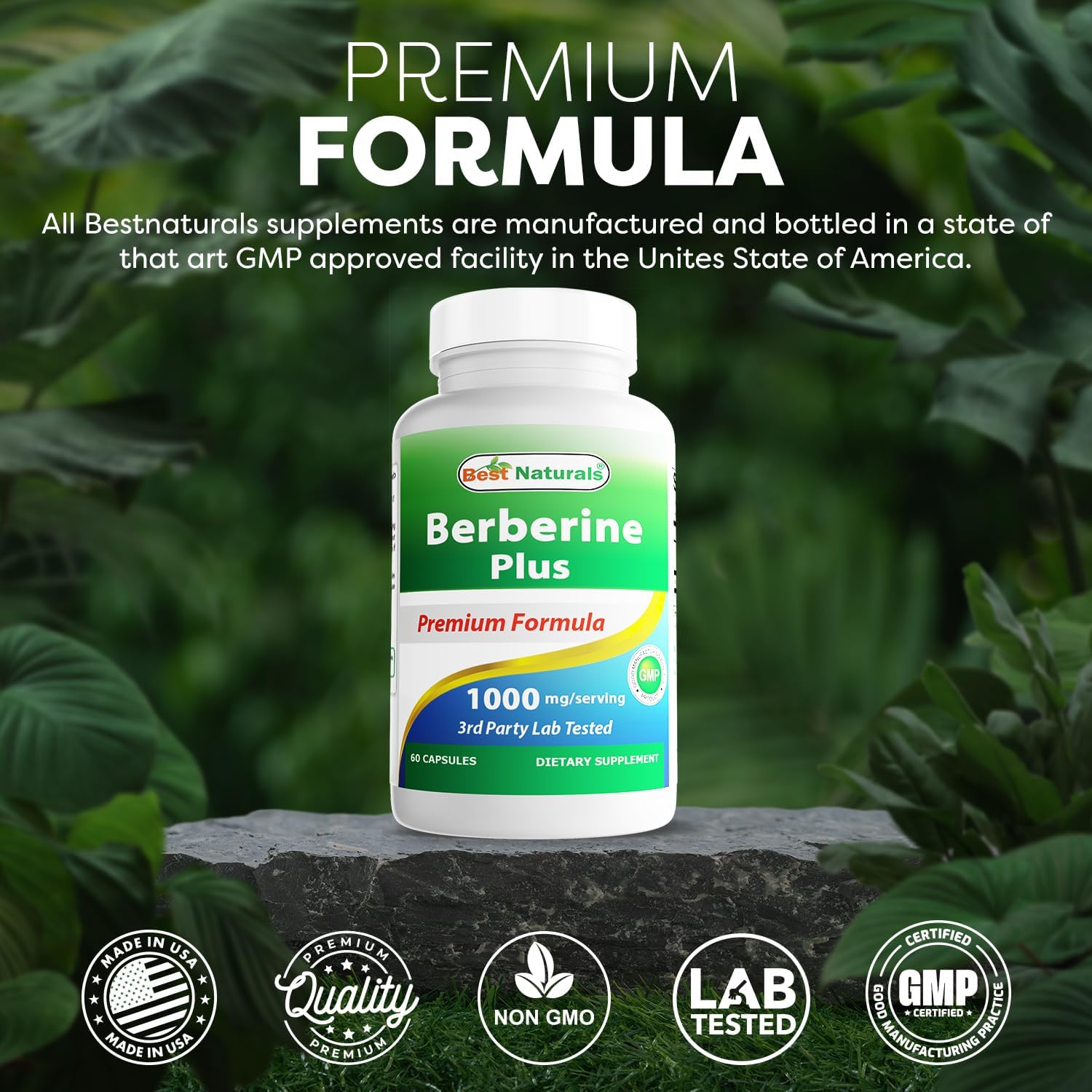 High Potency Berberine Plus with Vitamin C and Zinc - 1000mg per Serving, Non-GMO, 60 Capsules