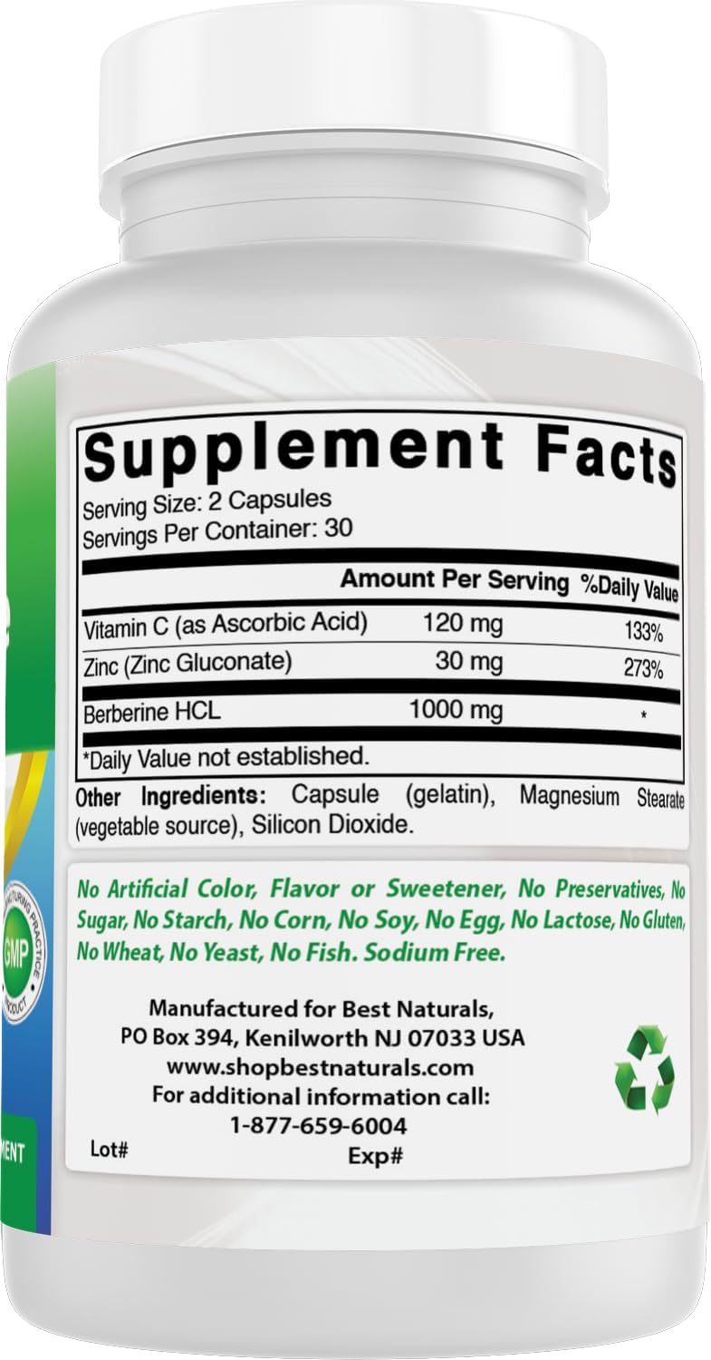 High Potency Berberine Plus with Vitamin C and Zinc - 1000mg per Serving, Non-GMO, 60 Capsules