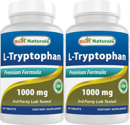 High Potency Best Naturals L-Tryptophan 1000 mg Tablets - 120 Count - Pack of 2 - Natural Sleep Aid and Mood Support Supplement