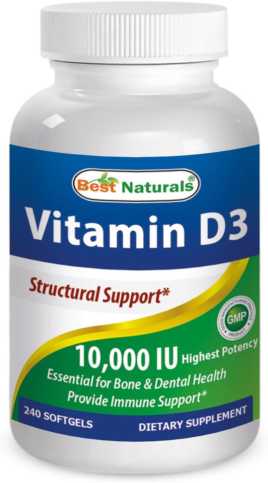High Potency Best Naturals Vitamin D3 10000 IU Softgel Supplement - 240 Count - BoostGo Australia
