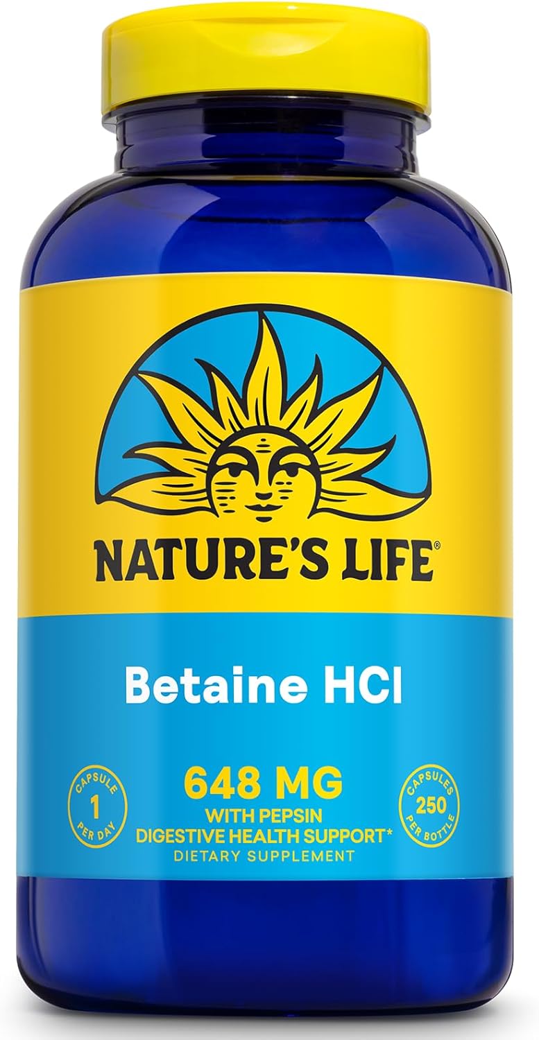 High Potency Betaine HCL with Pepsin Capsules - Digestive Enzymes for Gut Health Support - Hydrochloric Acid Supplement for Digestive Health - 250 Servings, 60-Day Guarantee