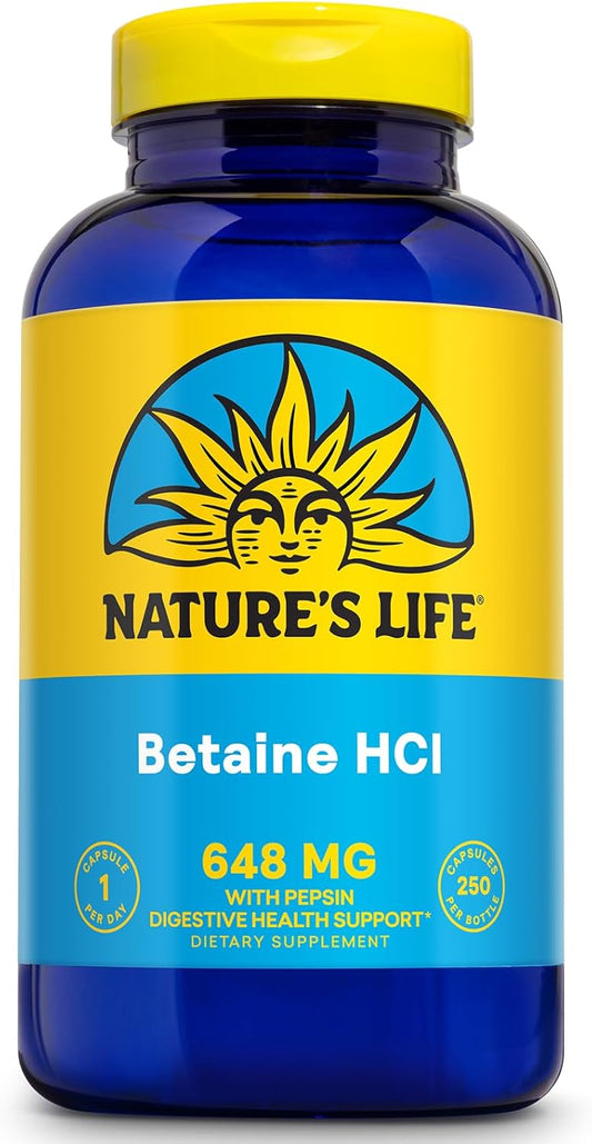 High Potency Betaine HCL with Pepsin Capsules - Digestive Enzymes for Gut Health Support - Hydrochloric Acid Supplement for Digestive Health - 250 Servings, 60-Day Guarantee