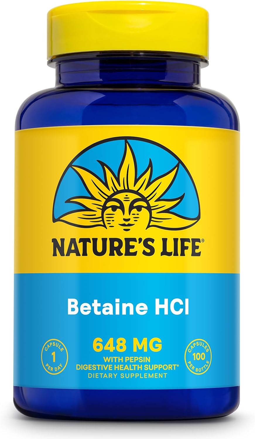High Potency Betaine HCL with Pepsin Capsules - Digestive Enzymes for Gut Health Support - 100 Servings, 60-Day Guarantee - Nature's Life