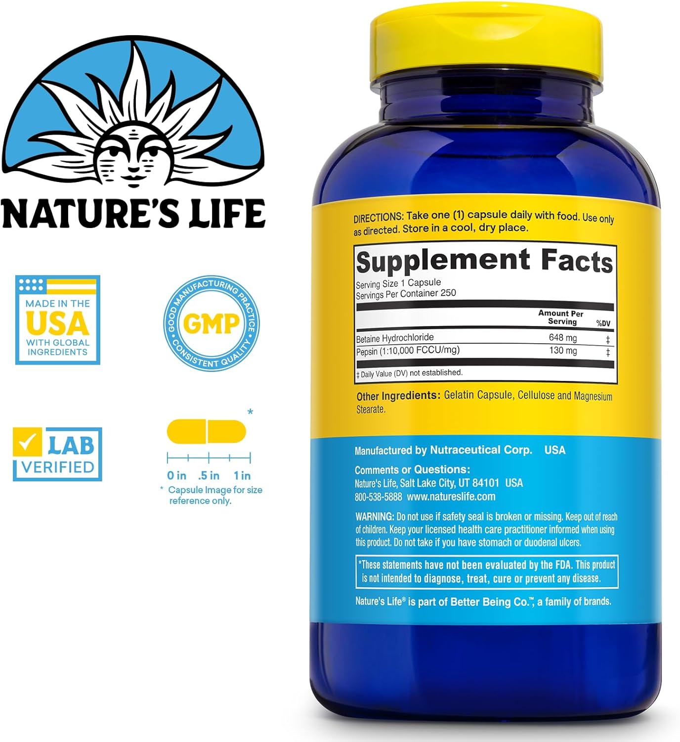 High Potency Betaine HCL with Pepsin Capsules - Digestive Enzymes for Gut Health Support - Hydrochloric Acid Supplement for Digestive Health - 250 Servings, 60-Day Guarantee