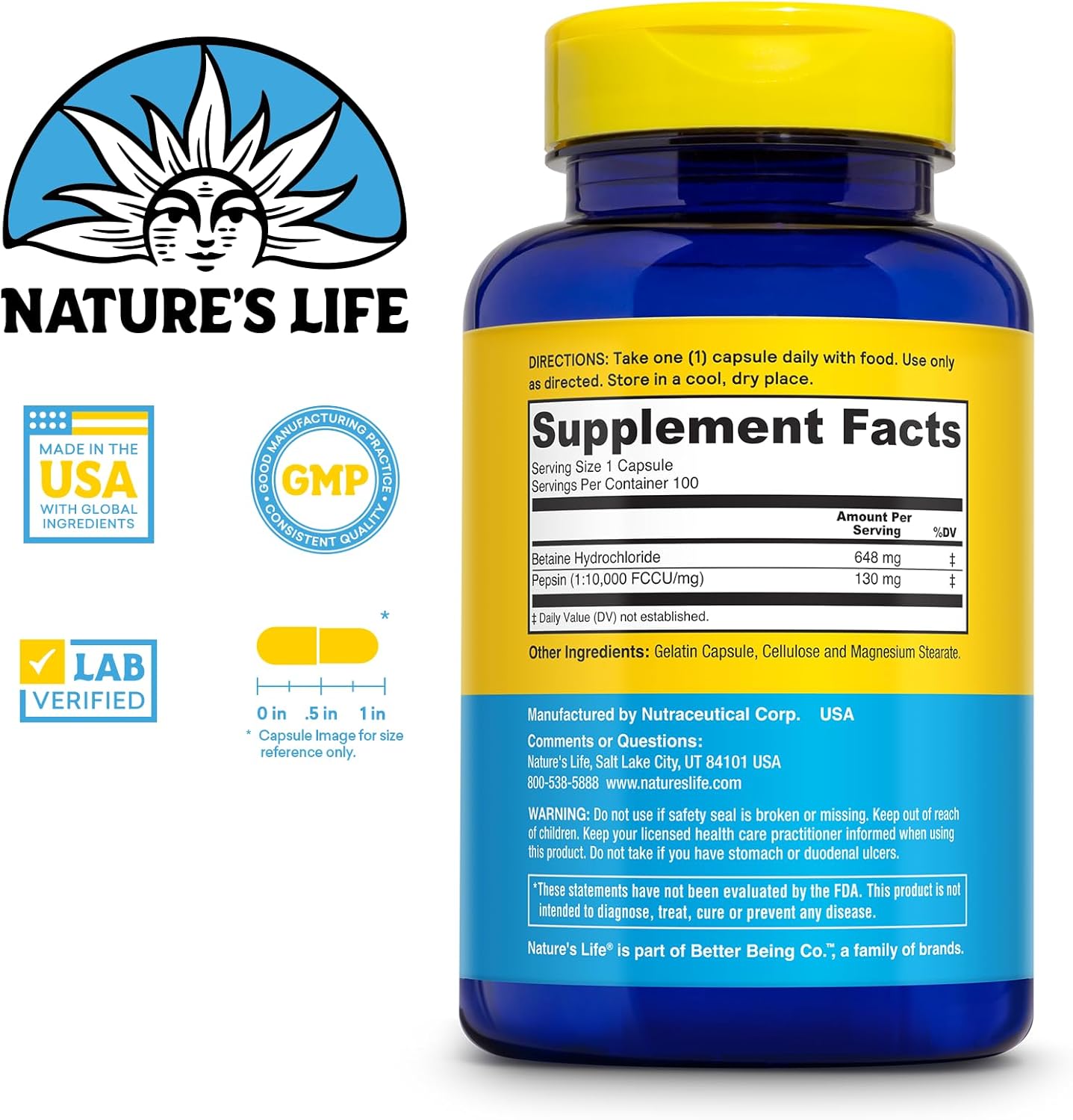 High Potency Betaine HCL with Pepsin Capsules - Digestive Enzymes for Gut Health Support - 100 Servings, 60-Day Guarantee - Nature's Life