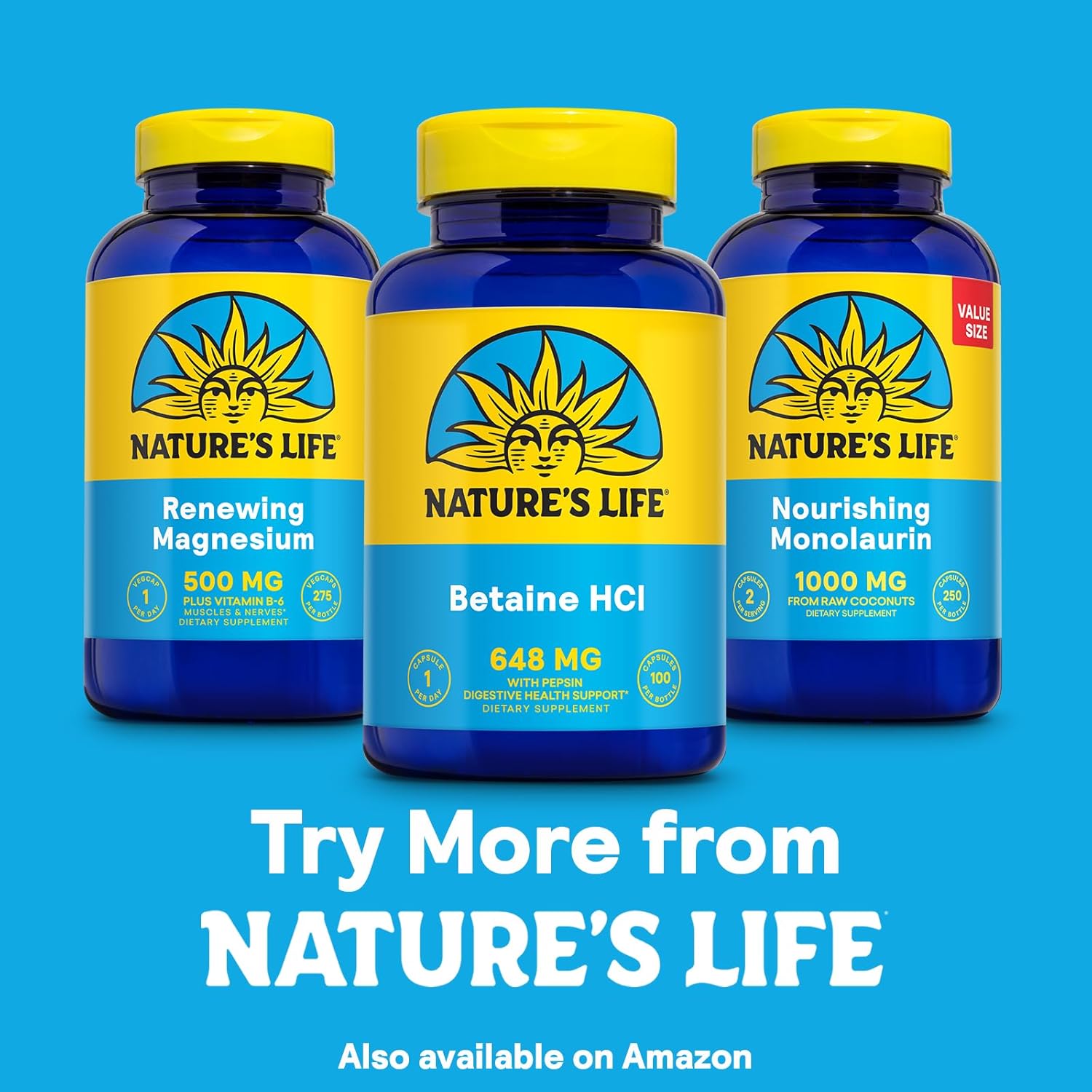 High Potency Betaine HCL with Pepsin Capsules - Digestive Enzymes for Gut Health Support - 100 Servings, 60-Day Guarantee - Nature's Life