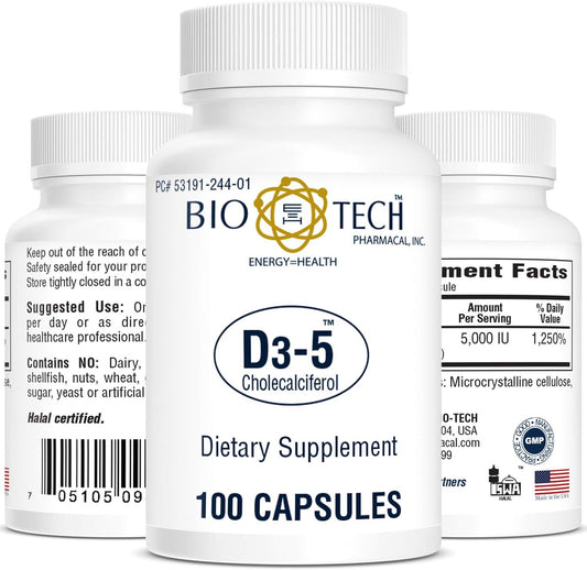 High-Potency Bio-Tech Pharmacal D3-5 Vitamin D3 (Cholecalciferol) Supplement - 5000 IU