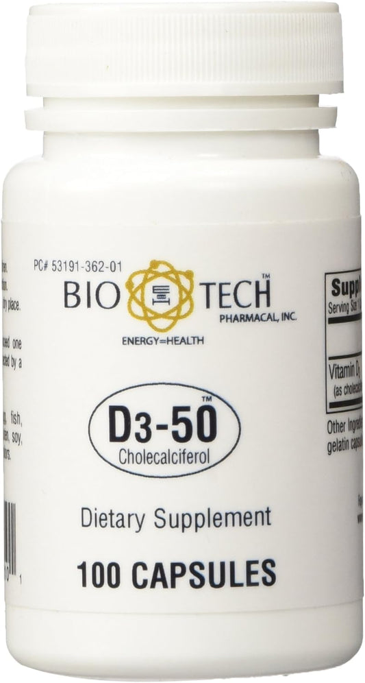 High-Potency Bio-Tech Pharmacal D3-50 (50,000 IU) Vitamin D3 Capsules - 100 Count (FFP)
