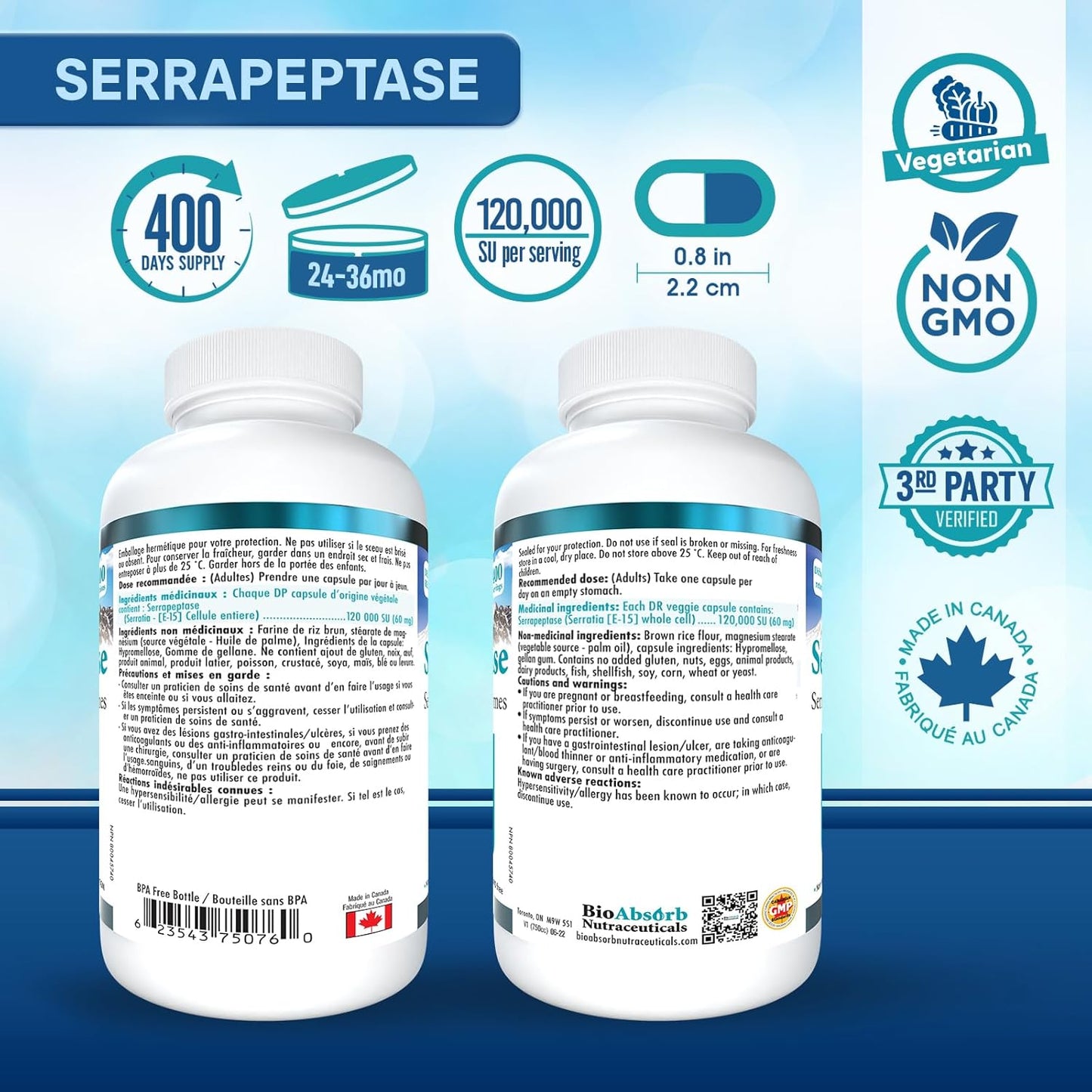 High Potency BioAbsorb Serrapeptase Supplement with 120000 SPU, Delayed Release Formula