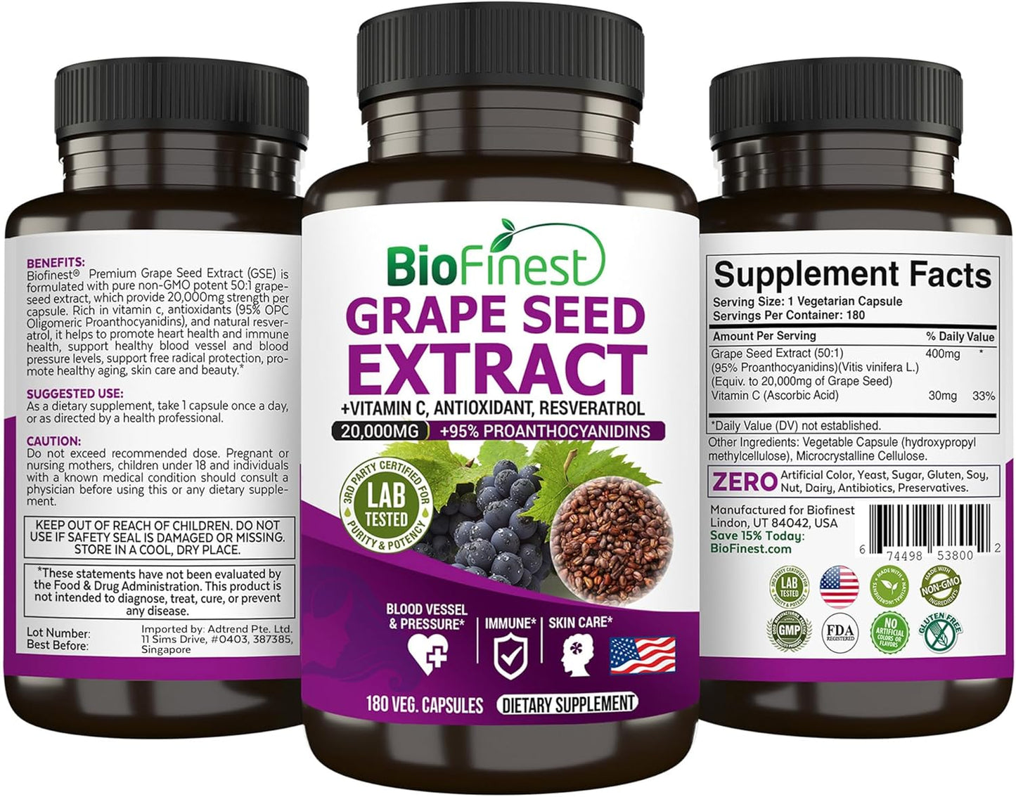 High Potency BioFinest Grape Seed Extract 20000mg - 95% Polyphenols, OPC, Vitamin C, Resveratrol - Antioxidant for Skin, Beauty, Collagen, Immune Support - 180 Veg Capsules