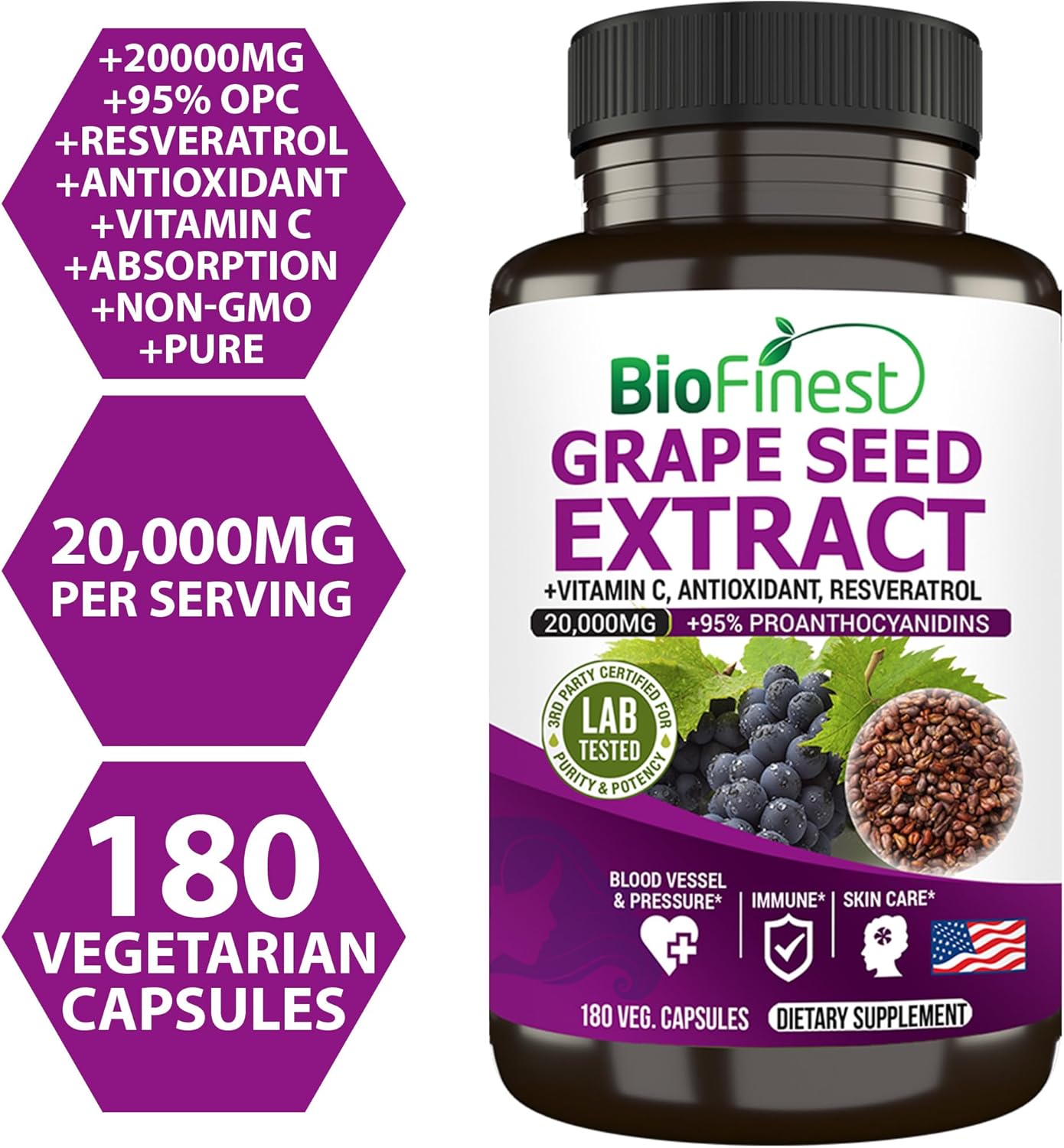 High Potency BioFinest Grape Seed Extract 20000mg - 95% Polyphenols, OPC, Vitamin C, Resveratrol - Antioxidant for Skin, Beauty, Collagen, Immune Support - 180 Veg Capsules
