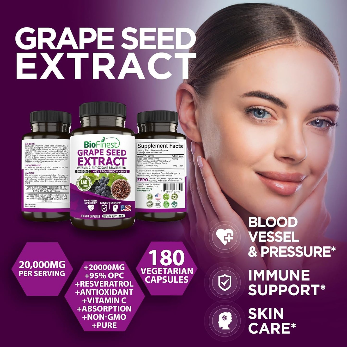 High Potency BioFinest Grape Seed Extract 20000mg - 95% Polyphenols, OPC, Vitamin C, Resveratrol - Antioxidant for Skin, Beauty, Collagen, Immune Support - 180 Veg Capsules