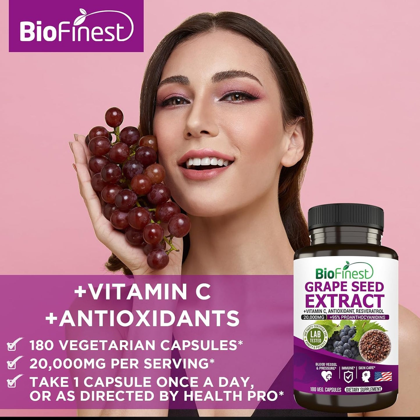 High Potency BioFinest Grape Seed Extract 20000mg - 95% Polyphenols, OPC, Vitamin C, Resveratrol - Antioxidant for Skin, Beauty, Collagen, Immune Support - 180 Veg Capsules