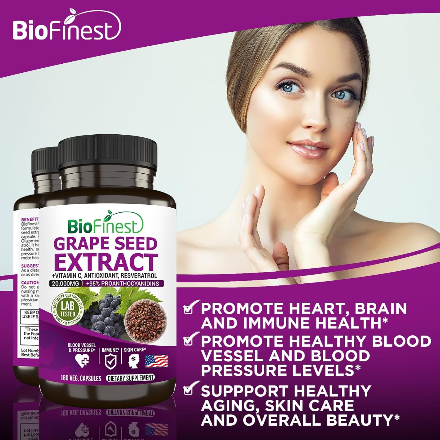 High Potency BioFinest Grape Seed Extract 20000mg - 95% Polyphenols, OPC, Vitamin C, Resveratrol - Antioxidant for Skin, Beauty, Collagen, Immune Support - 180 Veg Capsules