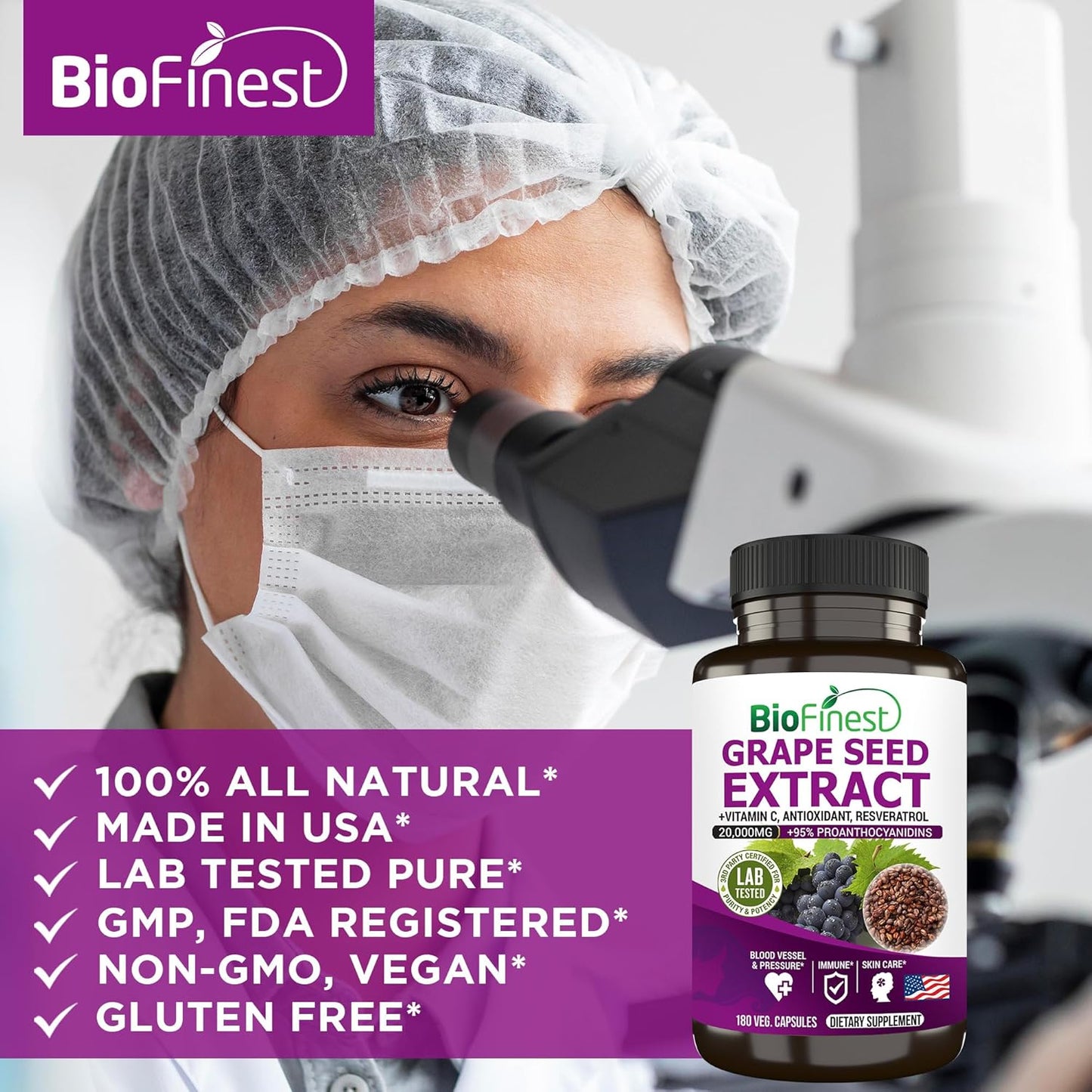 High Potency BioFinest Grape Seed Extract 20000mg - 95% Polyphenols, OPC, Vitamin C, Resveratrol - Antioxidant for Skin, Beauty, Collagen, Immune Support - 180 Veg Capsules