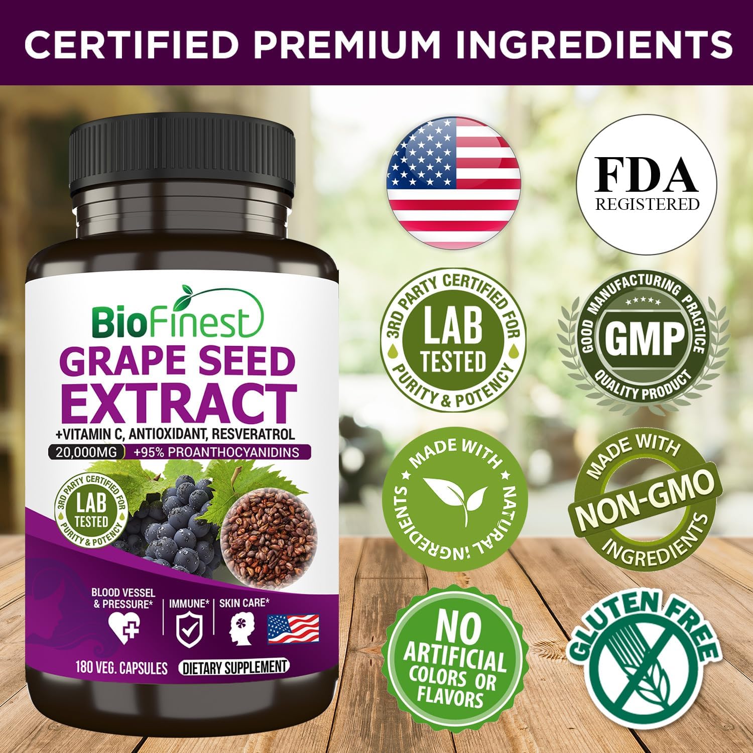High Potency BioFinest Grape Seed Extract 20000mg - 95% Polyphenols, OPC, Vitamin C, Resveratrol - Antioxidant for Skin, Beauty, Collagen, Immune Support - 180 Veg Capsules
