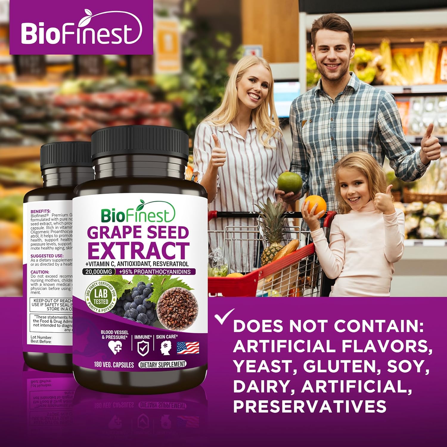 High Potency BioFinest Grape Seed Extract 20000mg - 95% Polyphenols, OPC, Vitamin C, Resveratrol - Antioxidant for Skin, Beauty, Collagen, Immune Support - 180 Veg Capsules