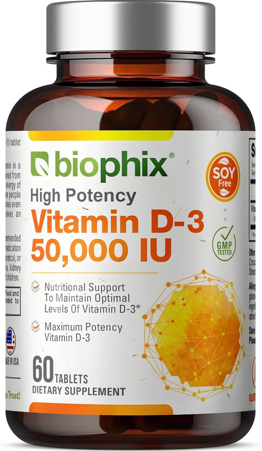 High-Potency Biophix Vitamin D-3 50000 IU Tablets for Strong Bones and Immune Health - 60 Count