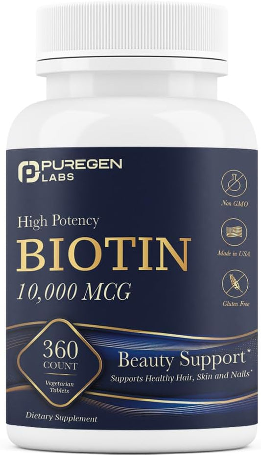 High Potency Biotin 10,000 MCG for Healthy Hair, Skin & Nails - Non-GMO, Gluten Free - 360 Vegetarian Tablets by Puregen Labs