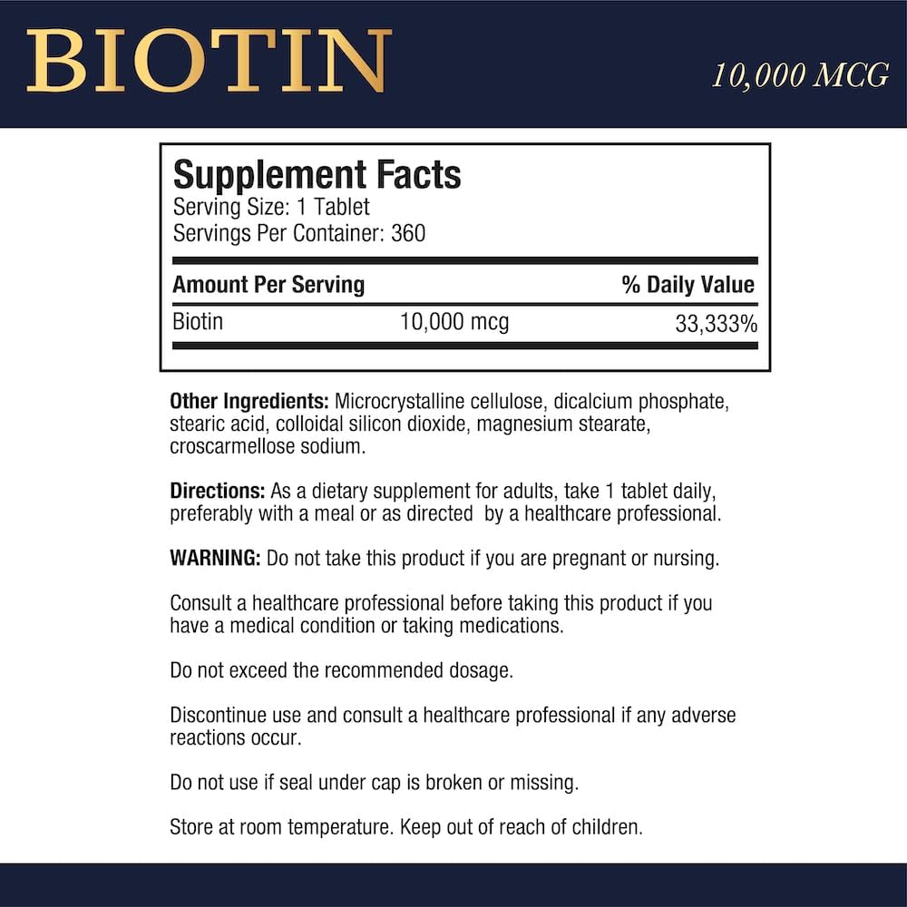 High Potency Biotin 10,000 MCG for Healthy Hair, Skin & Nails - Non-GMO, Gluten Free - 360 Vegetarian Tablets by Puregen Labs
