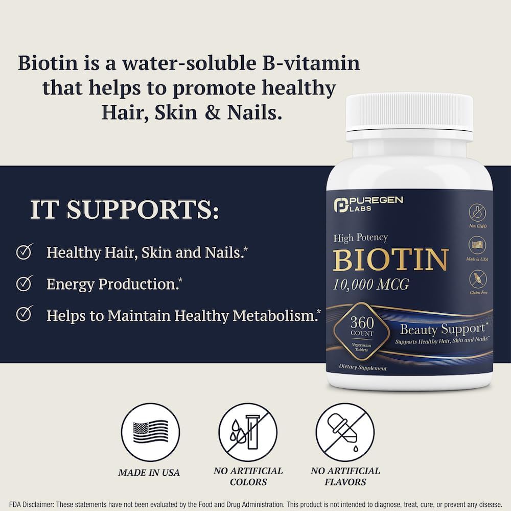 High Potency Biotin 10,000 MCG for Healthy Hair, Skin & Nails - Non-GMO, Gluten Free - 360 Vegetarian Tablets by Puregen Labs