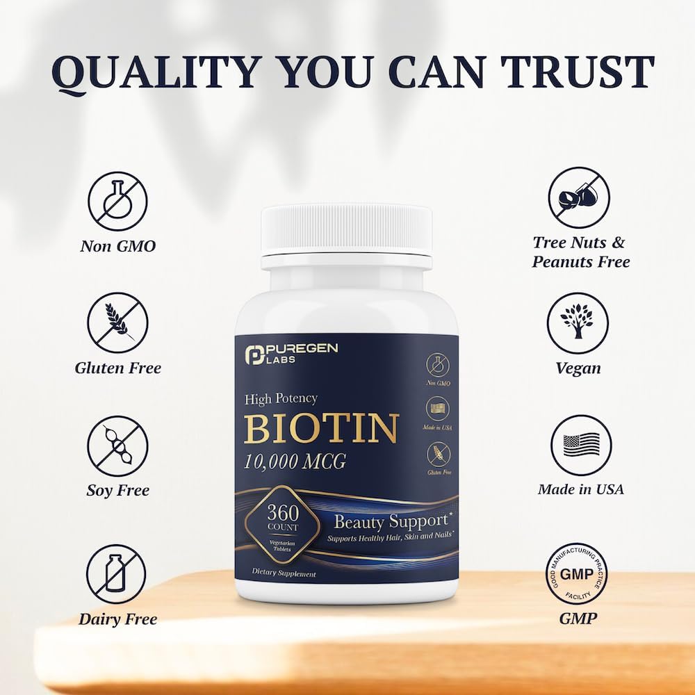 High Potency Biotin 10,000 MCG for Healthy Hair, Skin & Nails - Non-GMO, Gluten Free - 360 Vegetarian Tablets by Puregen Labs