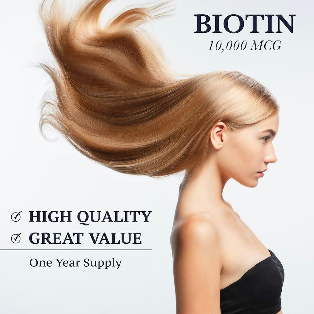 High Potency Biotin 10,000 MCG for Healthy Hair, Skin & Nails - Non-GMO, Gluten Free - 360 Vegetarian Tablets by Puregen Labs