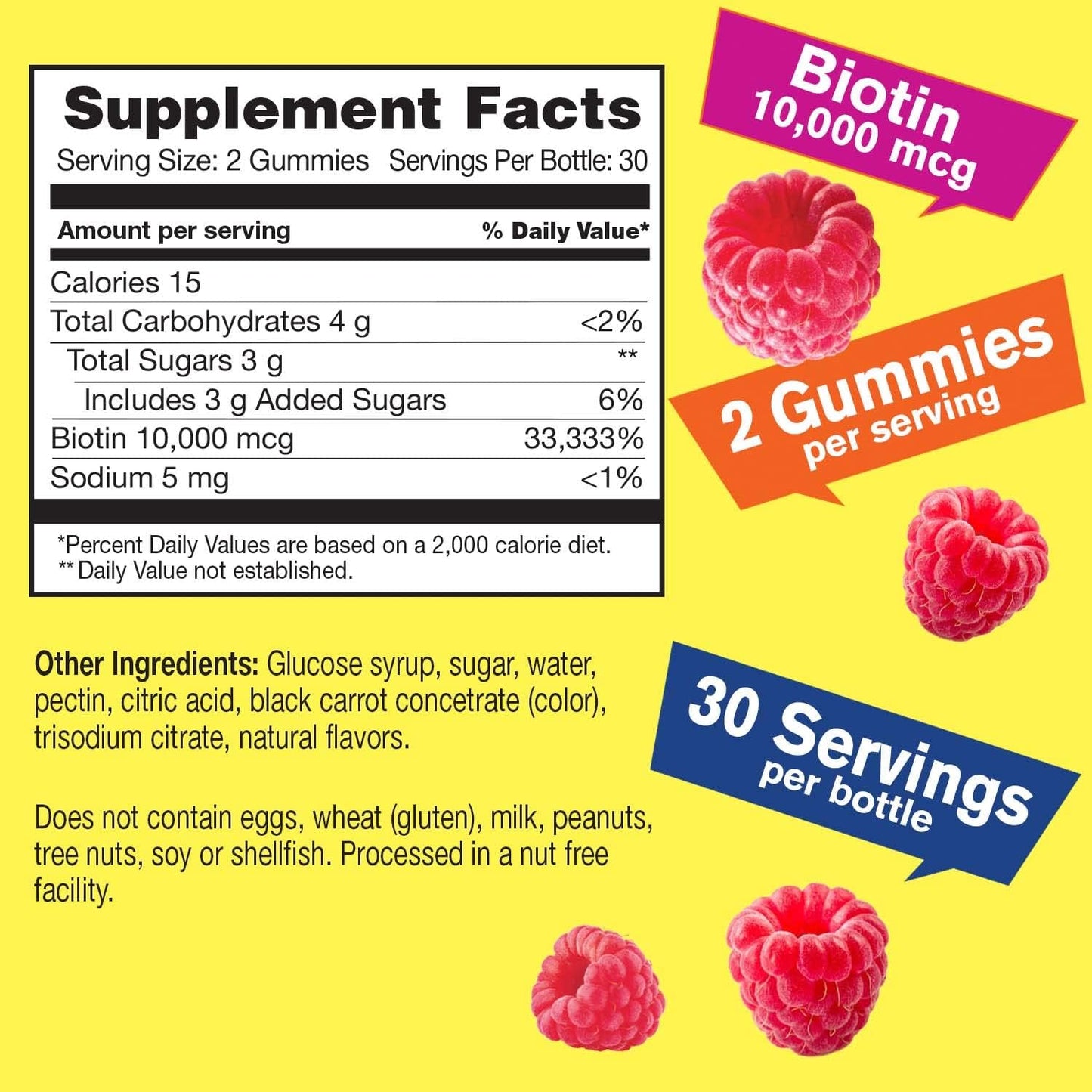 High Potency Biotin 10,000 mcg Gummies for Stronger Hair, Skin & Nails - Vegan, Gluten-Free, Non-GMO - Berry Flavor - 60 Gummies
