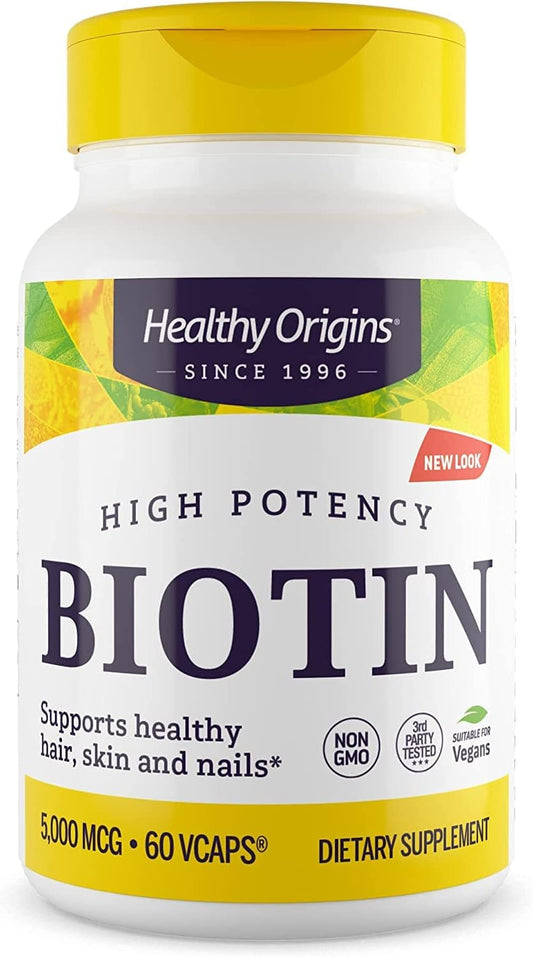 High-Potency Biotin (B7) 5,000 mcg Capsules for Skin, Hair & Nails - Non-GMO, Gluten-Free Vegan Formula - 60 Count