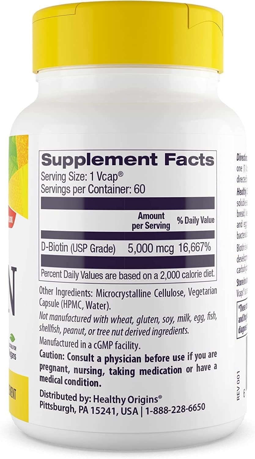 High-Potency Biotin (B7) 5,000 mcg Capsules for Skin, Hair & Nails - Non-GMO, Gluten-Free Vegan Formula - 60 Count