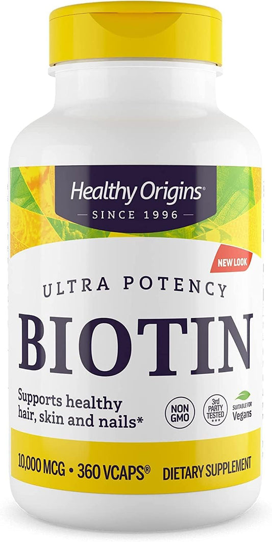 High-Potency Biotin (Vitamin B7) 10,000 mcg Capsules - Supports Skin, Hair, Nails - Non-GMO, Gluten-Free, Vegan - 360 ct.