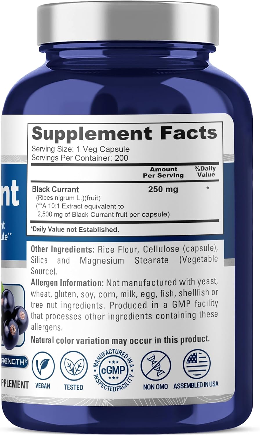 High Potency Black Currant Extract Capsules - 200 Vegan Capsules, 2500mg Equivalent, Non-GMO