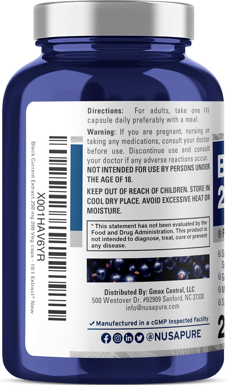 High Potency Black Currant Extract Capsules - 200 Vegan Capsules, 2500mg Equivalent, Non-GMO