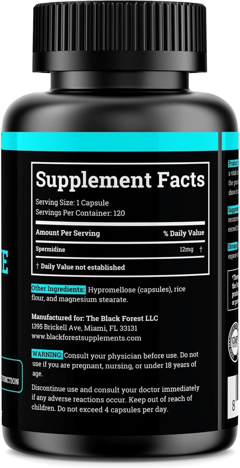 High Potency Black Forest Spermidine Supplement for Cellular Health, Anti-Aging & Energy - 4 Months Supply, 1440mg, 99% Pure - Women & Men