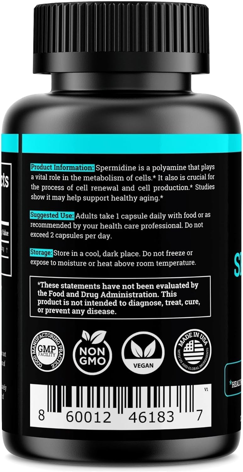 High Potency Black Forest Spermidine Supplement for Cellular Health, Anti-Aging & Energy - 4 Months Supply, 1440mg, 99% Pure - Women & Men