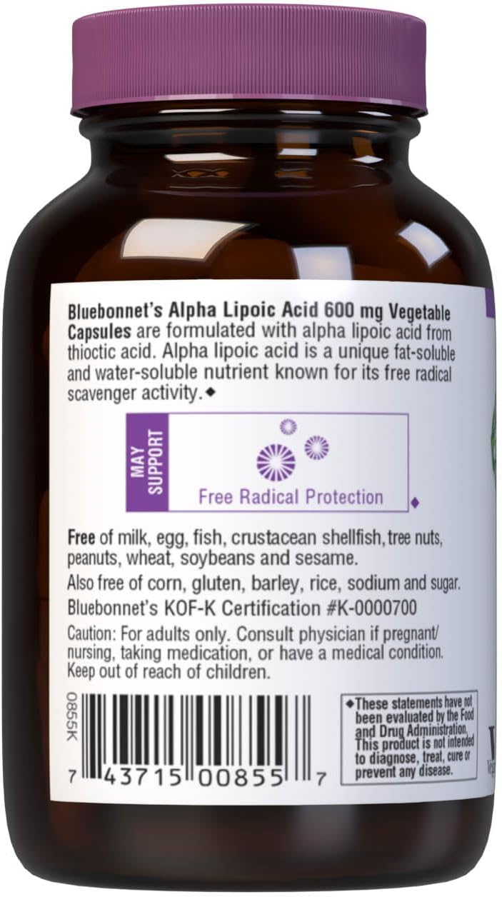 High Potency Bluebonnet Alpha Lipoic Acid 600mg Supplement for Antioxidant Support